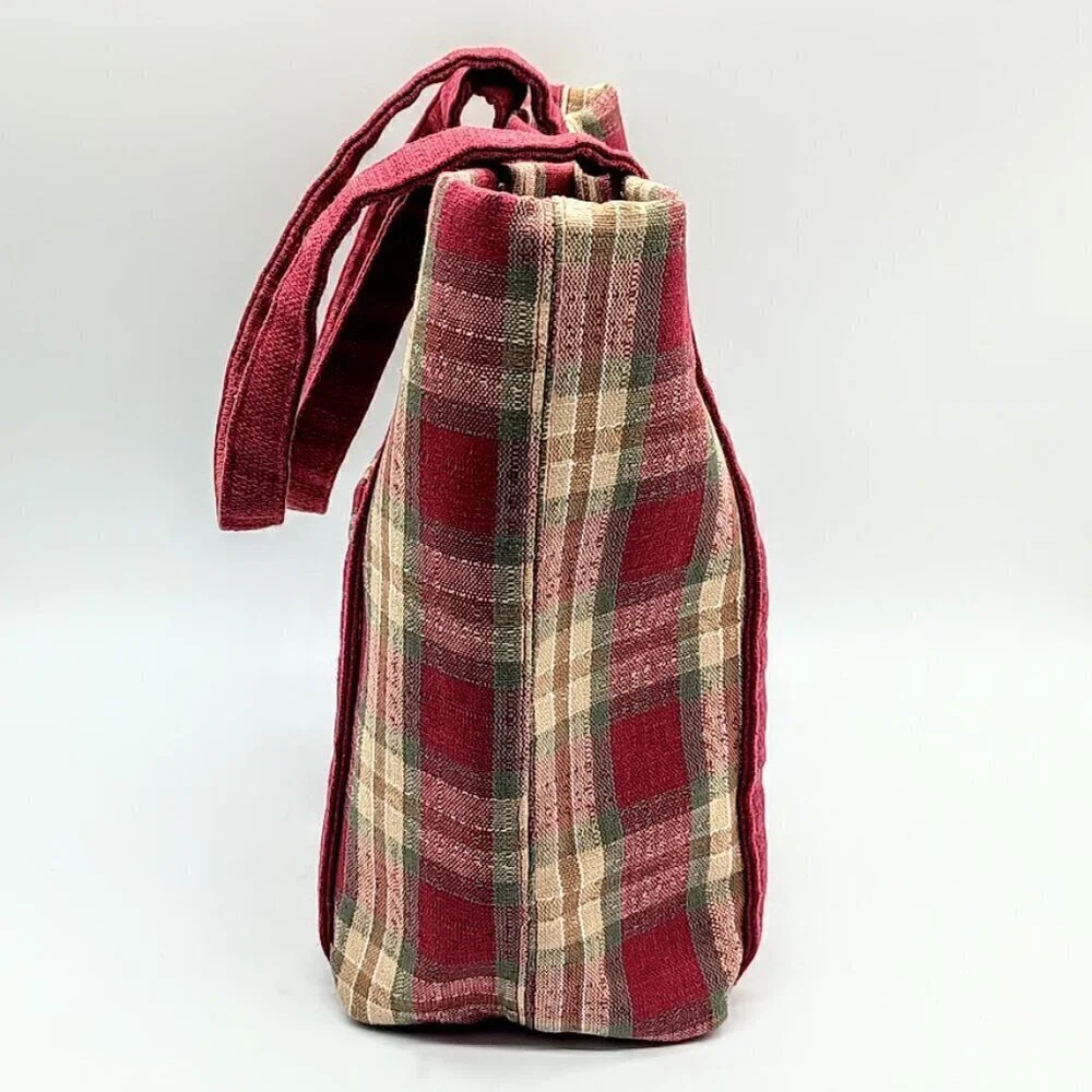 Longaberger Red Green Tan Plaid Fabric Tote Bag